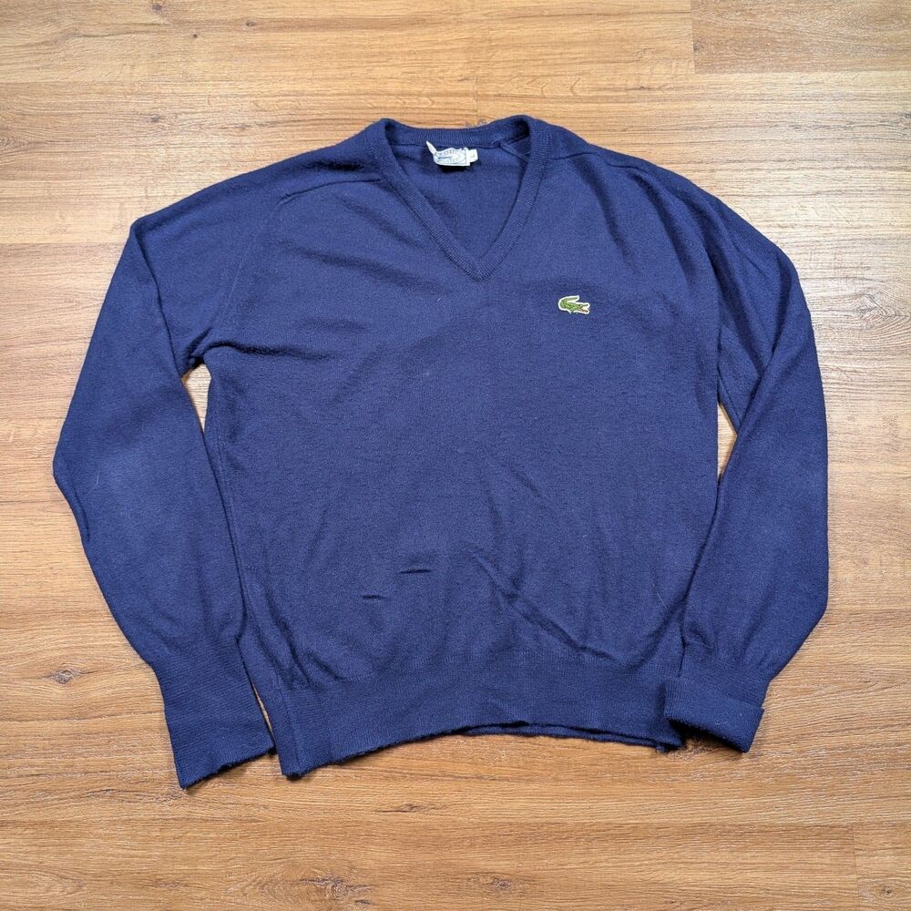 Vintage Izod Lacoste V Neck Sweater Mens Large Blue Knit Pullover Logo USA